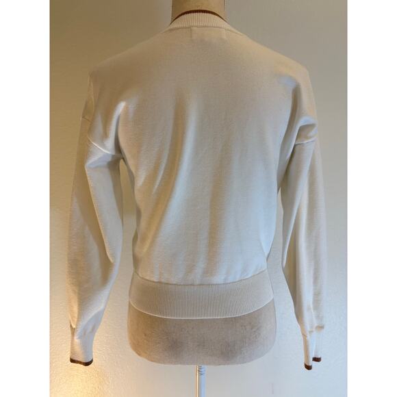 MARLED V-Neck Sweater White Long Sleeve Brown Trim Fall Minimalist | XS - Picture 2 of 7